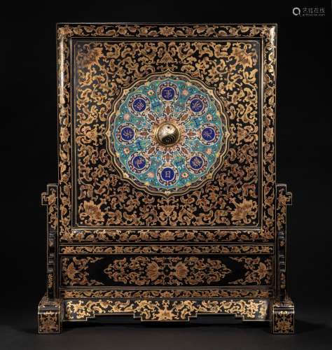CHINESE LACQUERWARE INLAID CLOISONNÉ INTERSTITIAL SCREEN, QI...