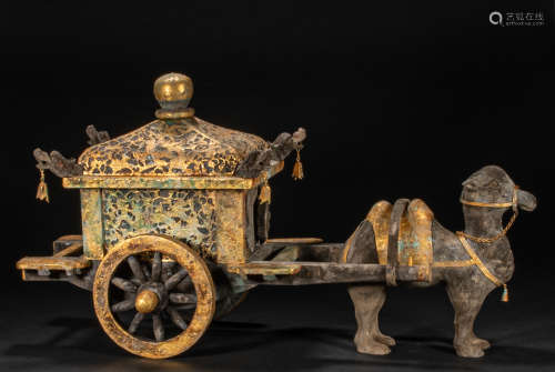 CHINESE CYPRESS WOOD WRAPPED GOLDEN CAMEL CART, LIAO DYNASTY