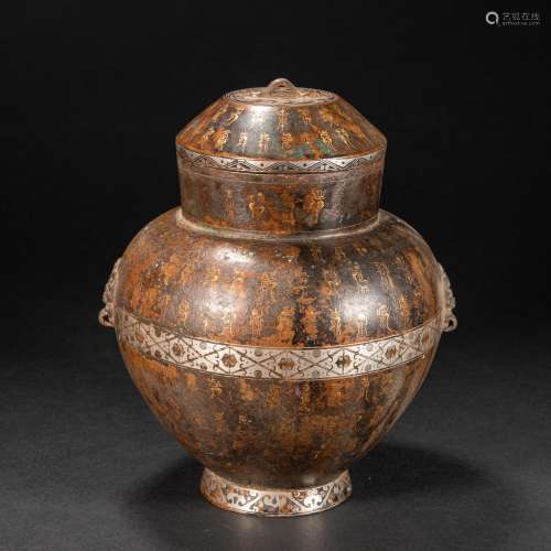 CHINESE BRONZE LID JAR INLAID WITH GOLD, HAN DYNASTY