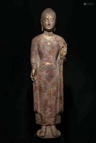 CHINESE BLUESTONE GOLD BUDDHA STATUE, NORTHERN QI