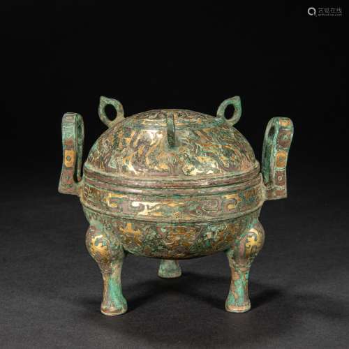 CHINESE BRONZE DING INLAID WITH GOLD, HAN DYNASTY