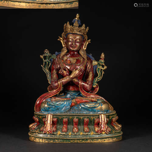CHINESE BRONZE GILDED PAINTED BUDDHA STATUE, QING DYNASTY
