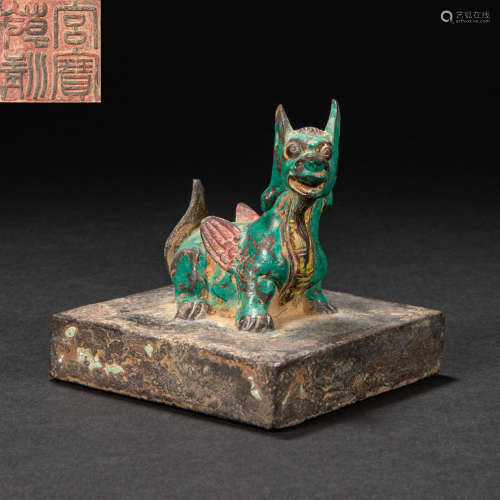 CHINESE BRONZE PAINTED SEAL, HAN DYNASTY
