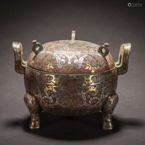 CHINESE BRONZE  DING INLAID WITH GOLD AND SILVER, HAN DYNAST...