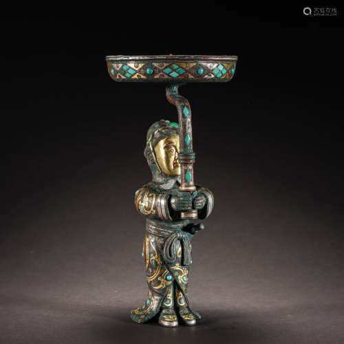 CHINESE BRONZE FALSE GOLD CANDLESTICK, HAN DYNASTY