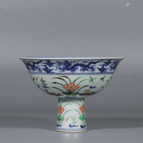 Blue and white doucai high-footed bowl