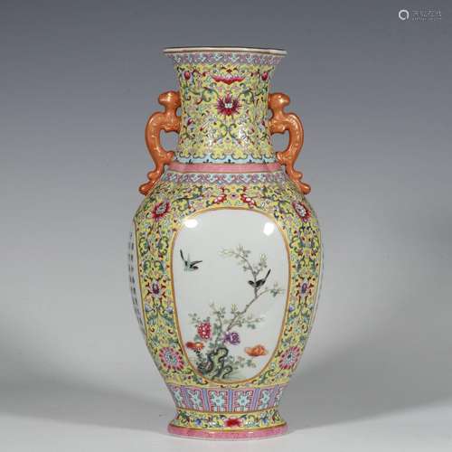 Pastel yellow flower and bird pattern amphora