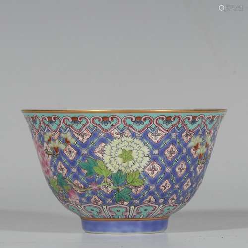 Enamel and Blue Floor Floral Bowl