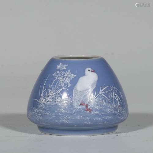 Sky Blue Glazed White Flower and Bird Poetry Water Bowl