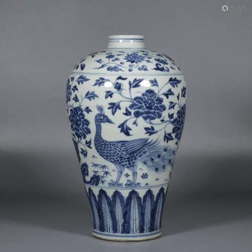 Blue and white phoenix wearing peony plum vase