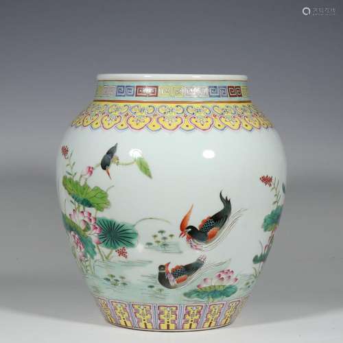 Pastel lotus and mandarin duck jar