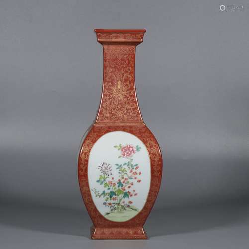 Red Glaze Pastel Floral Square Vase