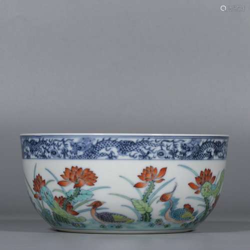 Blue and white Doucai deep belly bowl