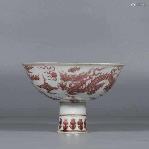 Underglaze red dragon pattern high-footed bowl