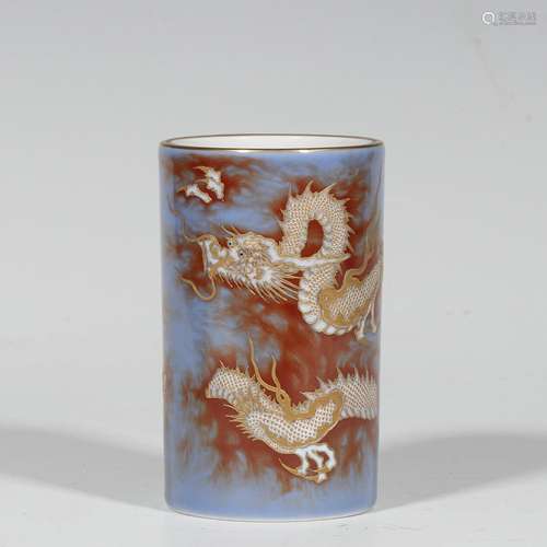 Sky blue glaze pen holder with golden dragon pattern