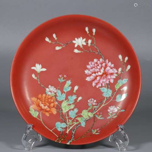 Red Glazed Pastel Floral Plate