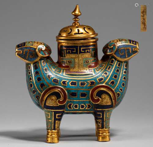 Qing Dynasty Cloisonne double sheep head Aromatherapy