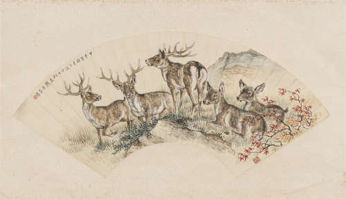 熊松泉（1944年）作 五鹿图 纸本设色 扇面