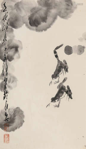 王子武 壬戌（1982年）作 蛙趣图 纸本水墨 镜芯