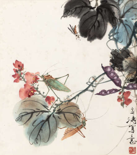 王雪涛（1903-1982） 豆荚草虫 镜框 设色纸本 