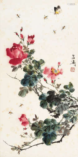 王雪涛（1903-1982） 月季蝴蝶蜜蜂 镜心 设色纸本 