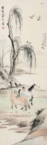 溥伒（1893-1966）、王雪涛（1903-1982） 春郊试马图 立轴 设色纸本 1...