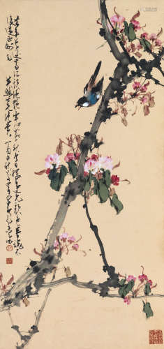 赵少昂（1905-1998） 桃花飞鸟 立轴 设色纸本 1957年作
