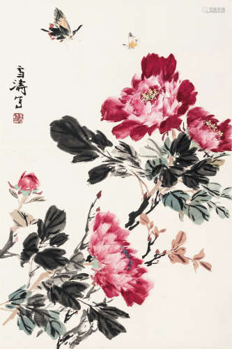 王雪涛（1903-1982） 牡丹蝴蝶 立轴 设色纸本 