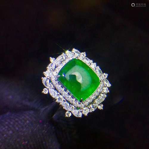 天然宝石极微油素面祖母绿18k金钻石戒指