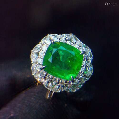 天然宝石极微油祖母绿18k金豪镶钻石戒指