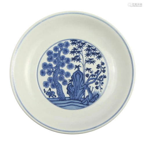 A BLUE AND WHITE 'THREE FRIENDS' DISH