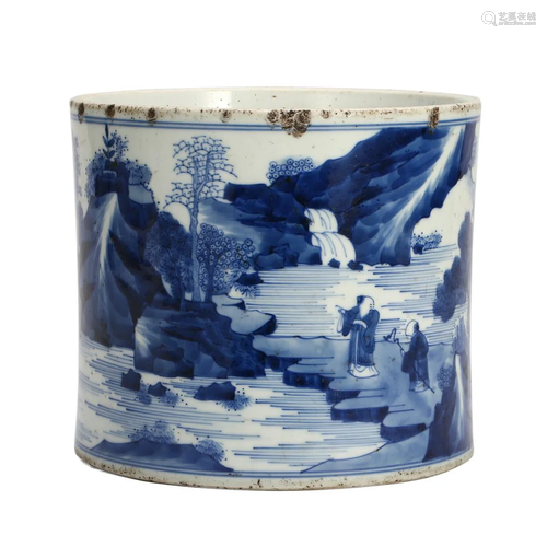 A BLUE AND WHITE 'LANDSCAPES' BRUSHPOT