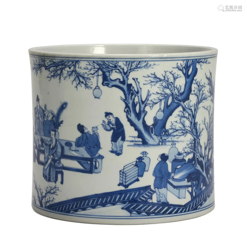 A BLUE AND WHITE 'FIGURES' BRUSHPOT