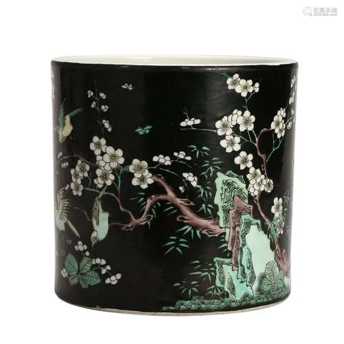 A KANGXI BLACK-GROUND 'FLOWERS AND BIRDS' BRUSHPOT