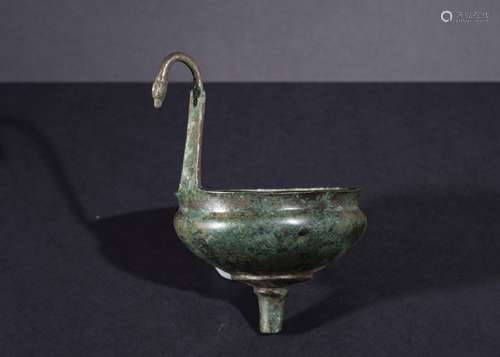 AN EXTREMELY RARE A PERSIAN PERIOD BRONZE FUNNEL WITH A SWAN...