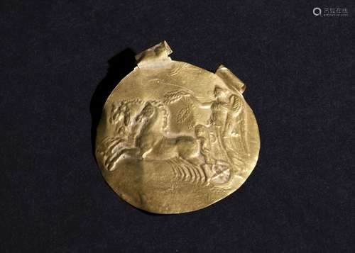 A GOLD PENDANT NIKE RIDING QUADRUPLE HORSES IN THE STYLE OF ...