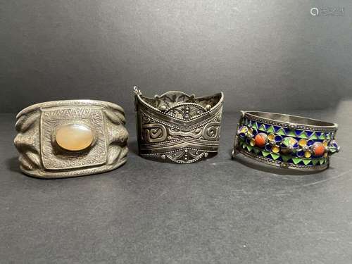 THREE TRIBAL BRACELETS, SET ON SILVER & SEMI PRECIOUS ST...