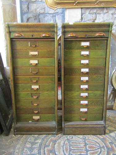 A pair of old oak tambour fronted filing cabinets with origi...