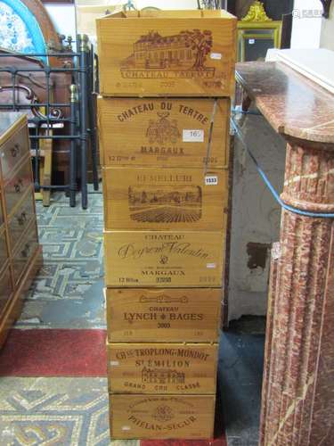 7 pine wine packing crates with varying printed labels