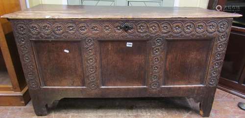 18th century oak coffer with panelled framework and repeatin...