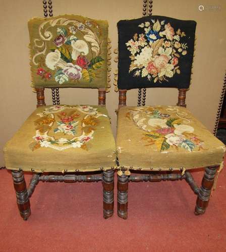 A Pair of Victorian oak side chairs with hand worked needle ...