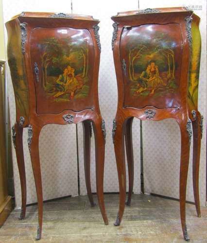 Pair of side cabinets, the bombe shaped sides with hand pain...