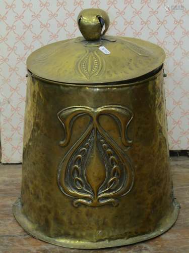 Art Nouveau hammered brass coal box and cover, with pierced ...