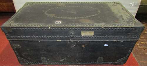 19th century camphor wood travelling trunk, overlaid in leat...