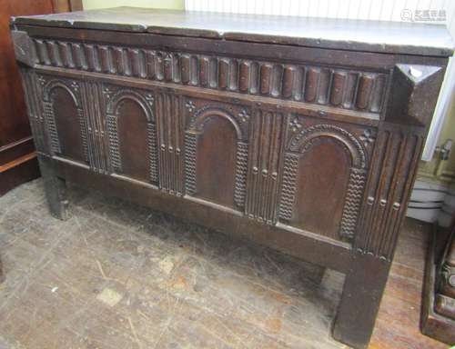 17th century oak coffer with rising lid, the front elevation...