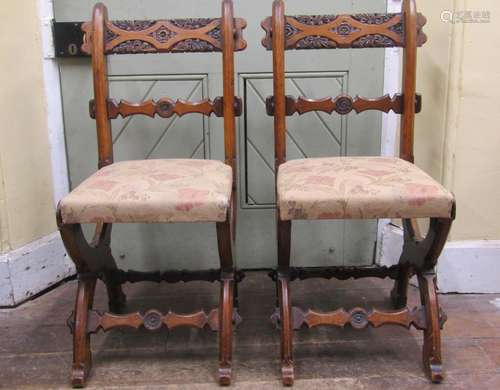 Pair of Victorian pegged oak side chairs with X shaped suppo...