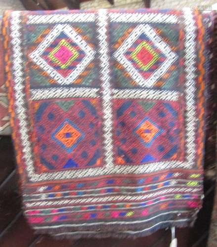 An old Sunni flat weave runner with bright coloured panels, ...