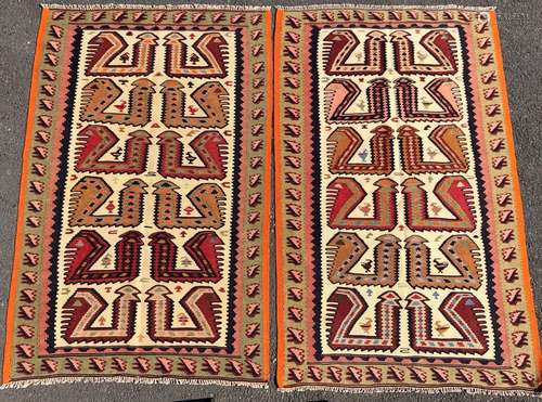 A pair of Qashgai Kilims with stylised chicken motif and a g...