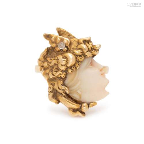 ANTIQUE, YELLOW GOLD, CAMEO AND DIAMOND RING