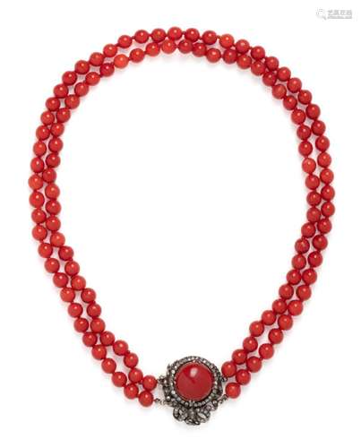 CORAL AND DIAMOND BEAD NECKLACE